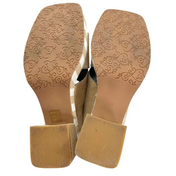 Brenda Zaro Square Toe Tan & White Striped Platform Suede Block Heel Sandals - Picture 10 of 12